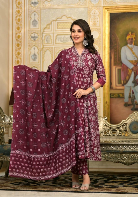 Wine Pure Cotton Daabu Printed Party Wear Kurta Set