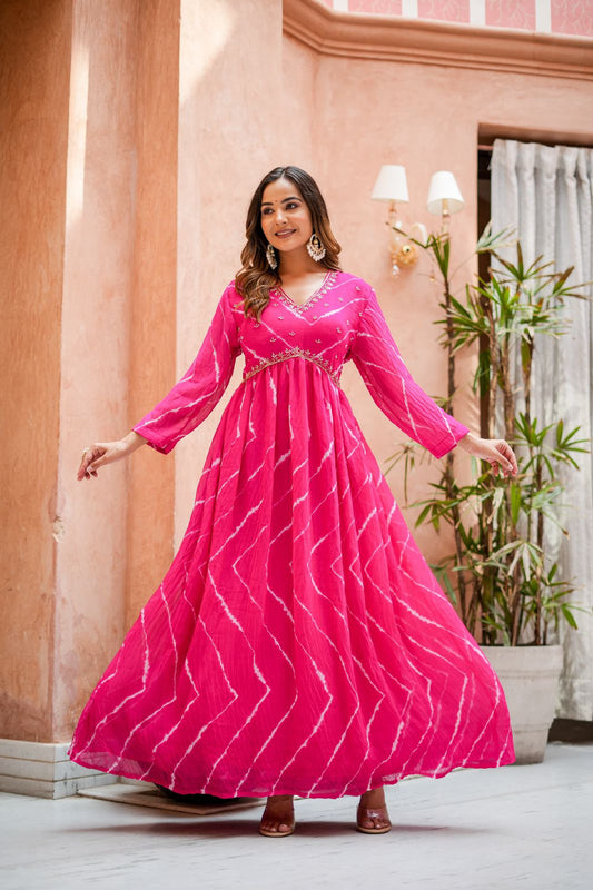 PINK LEHRIYA LONGGOWN WITH YOKE WORK ONE PIECE