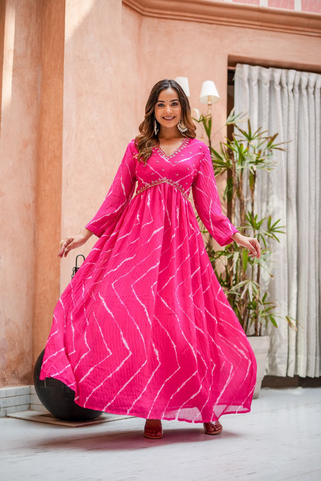 PINK LEHRIYA LONGGOWN WITH YOKE WORK ONE PIECE