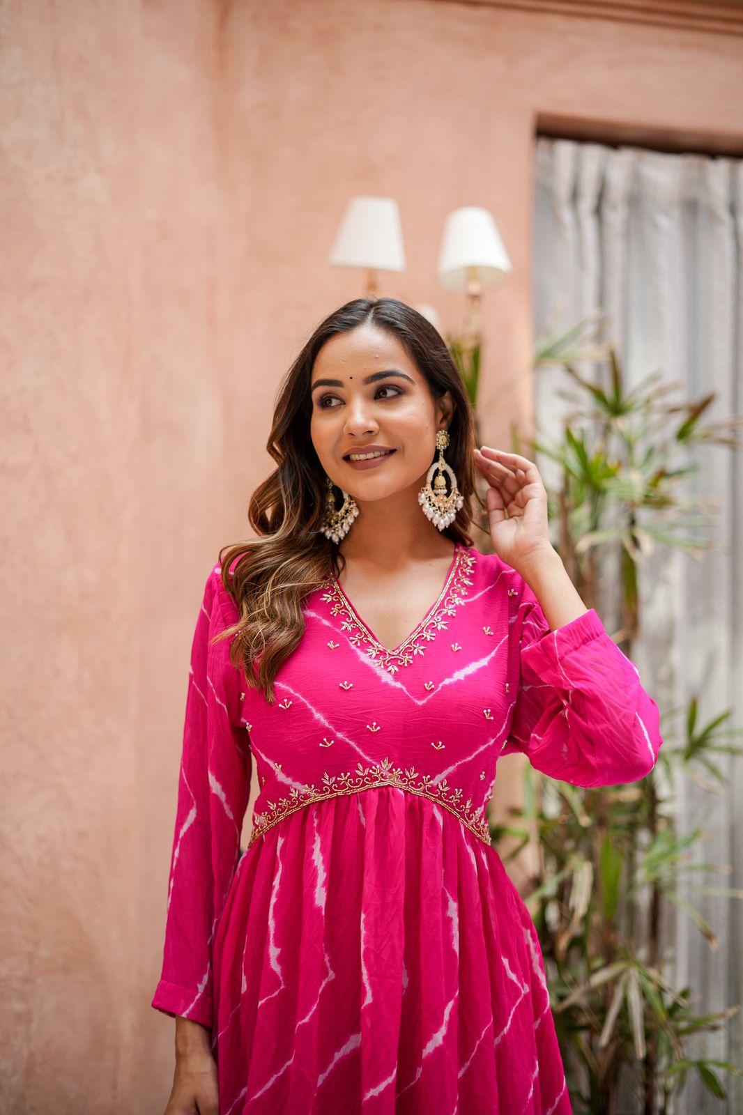 PINK LEHRIYA LONGGOWN WITH YOKE WORK ONE PIECE