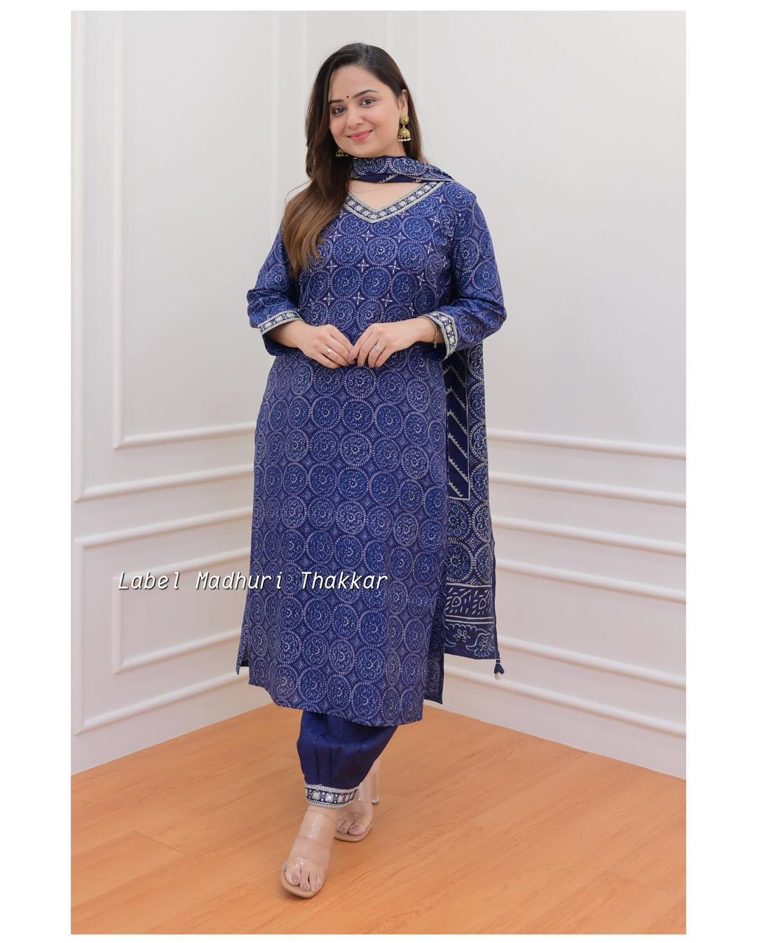 BLUE COTTON PRINTED STRAIGHT KURTA SET WITH SEQUENCE WORK