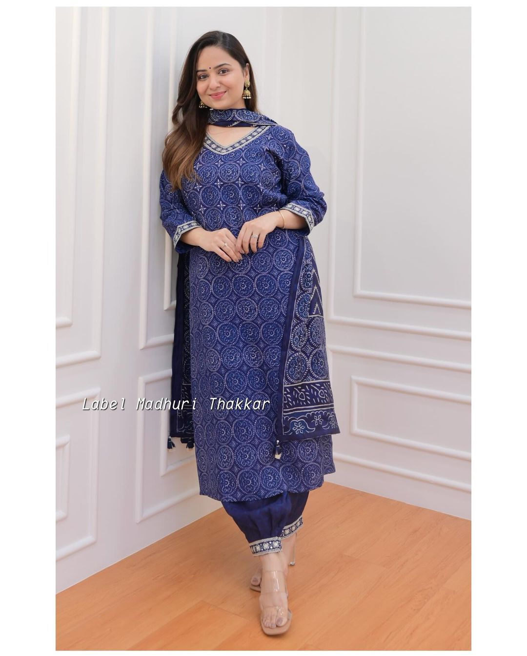 BLUE COTTON PRINTED STRAIGHT KURTA SET WITH SEQUENCE WORK