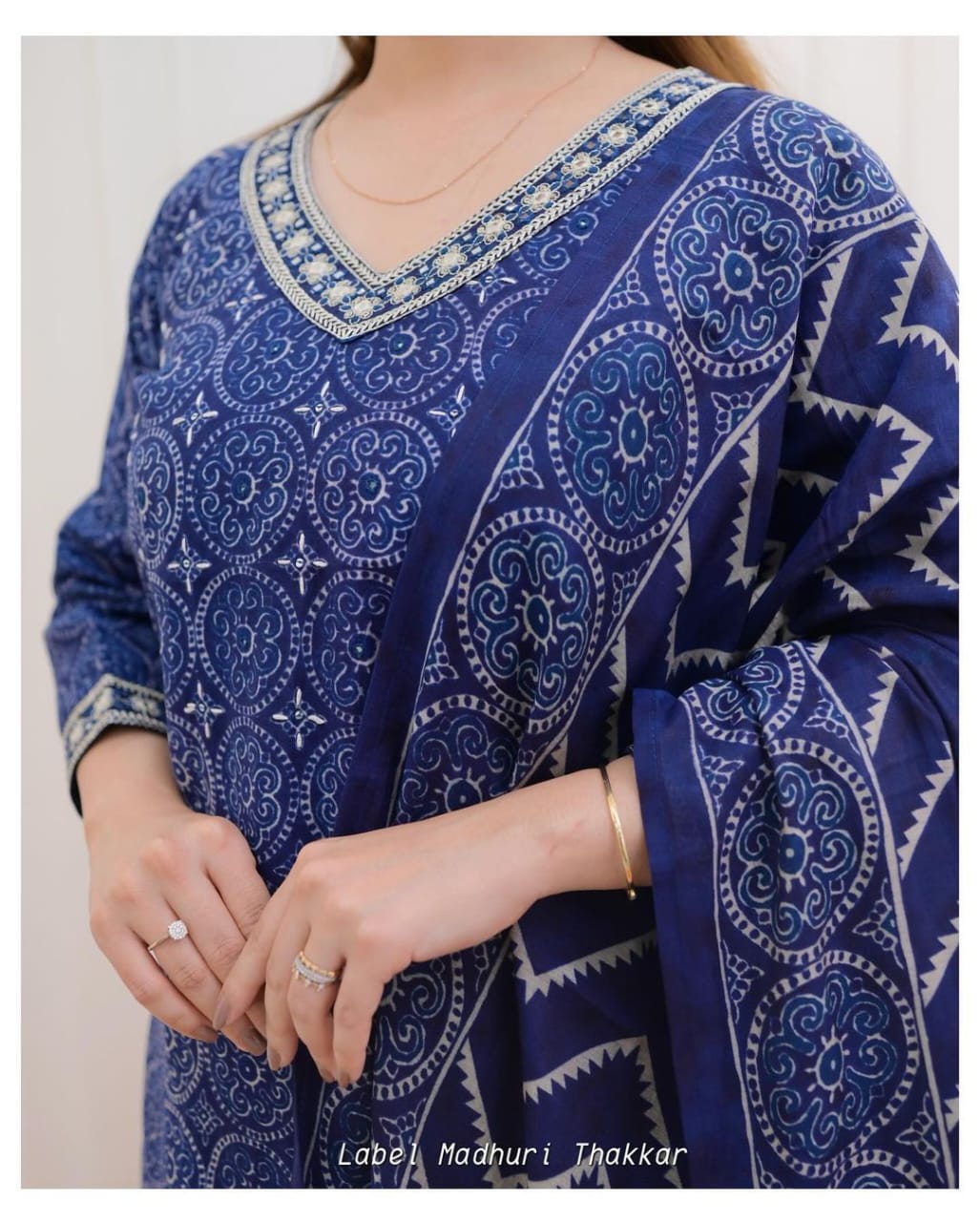 BLUE COTTON PRINTED STRAIGHT KURTA SET WITH SEQUENCE WORK