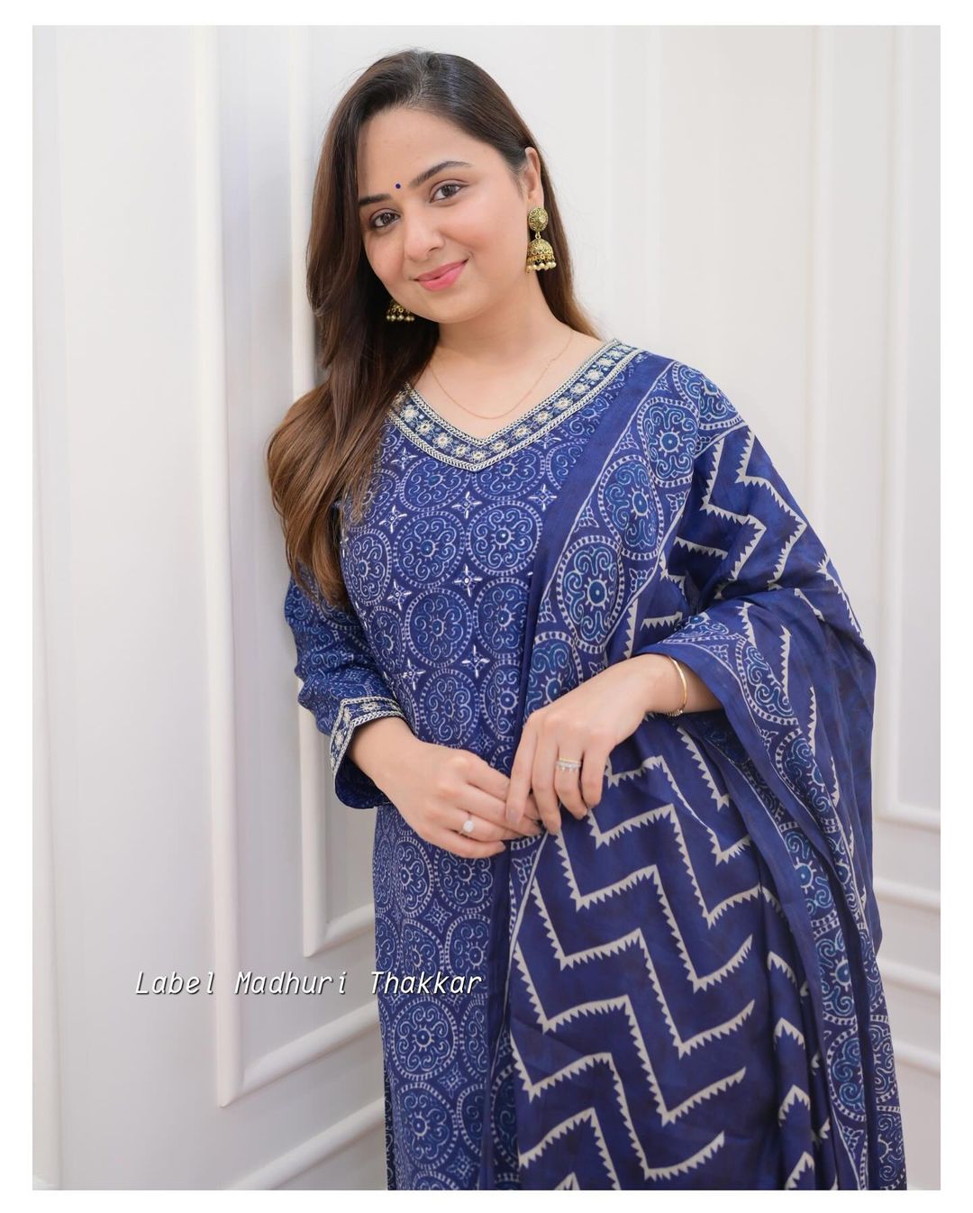 BLUE COTTON PRINTED STRAIGHT KURTA SET WITH SEQUENCE WORK