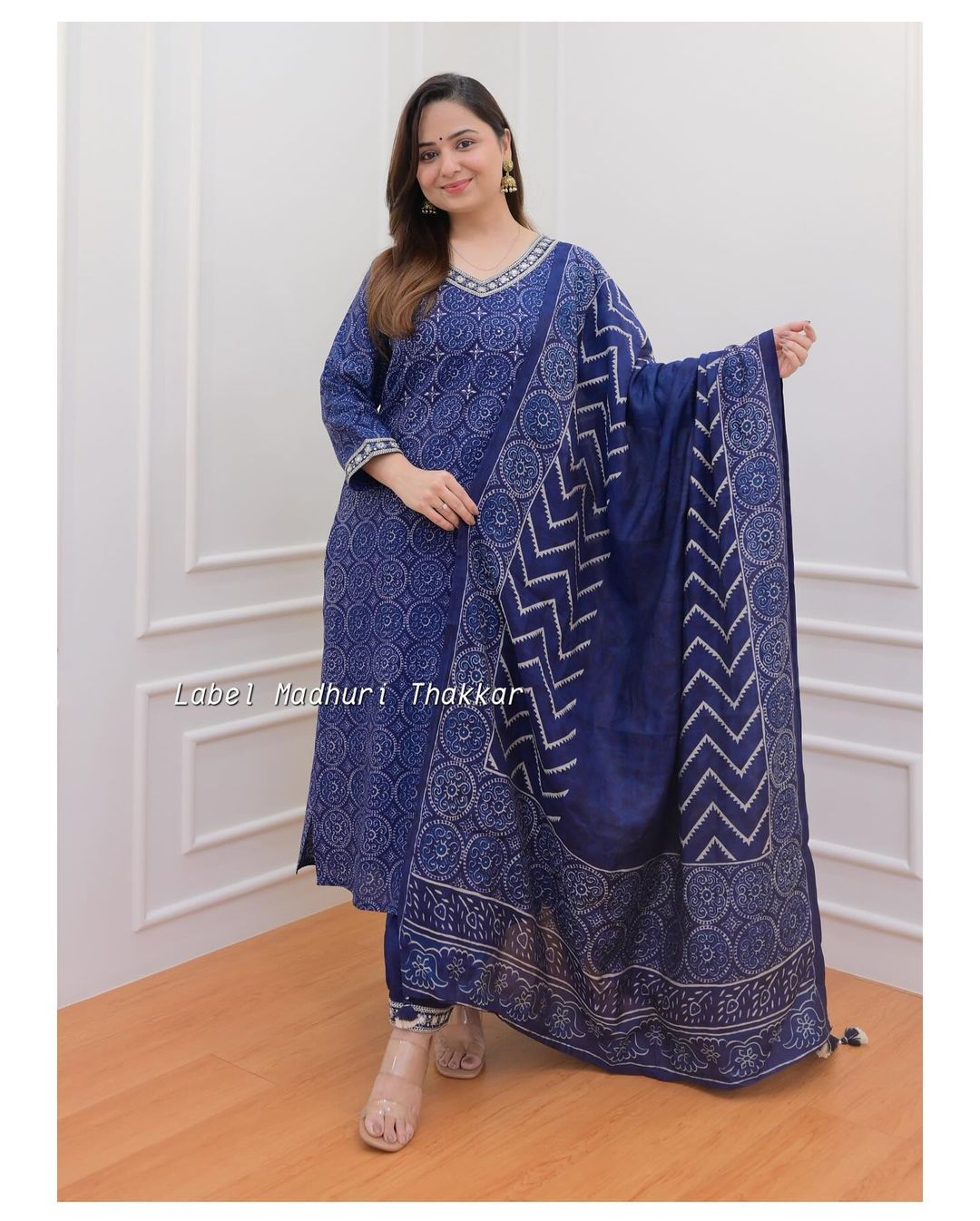 BLUE COTTON PRINTED STRAIGHT KURTA SET WITH SEQUENCE WORK