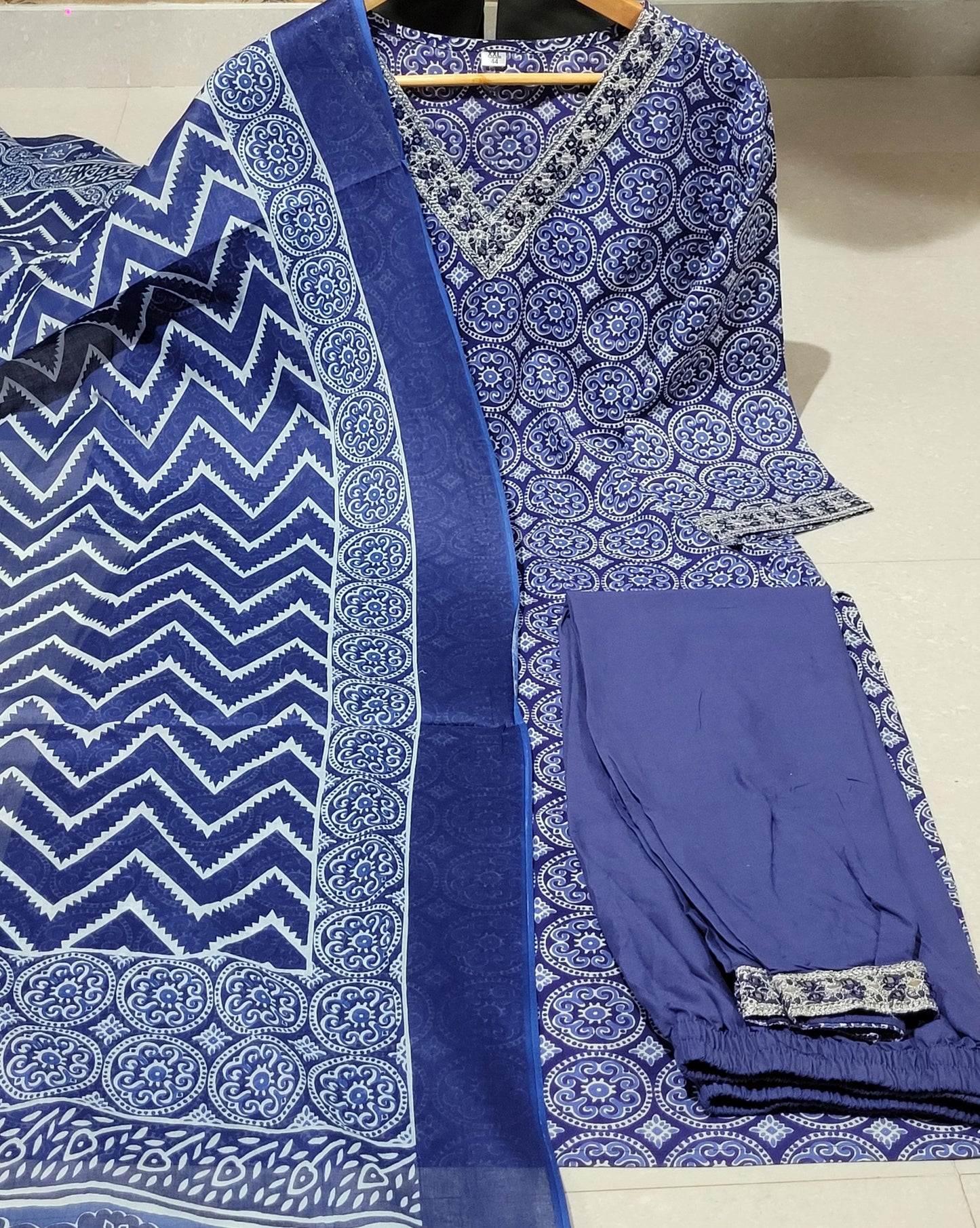 BLUE COTTON PRINTED STRAIGHT KURTA SET WITH SEQUENCE WORK