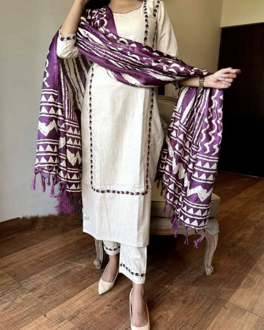 WHITE AND PURPLE HANDLOOM COTTON KURTA PANT AND KHADI SILK IKKAT PRINT DUPATTA  SET