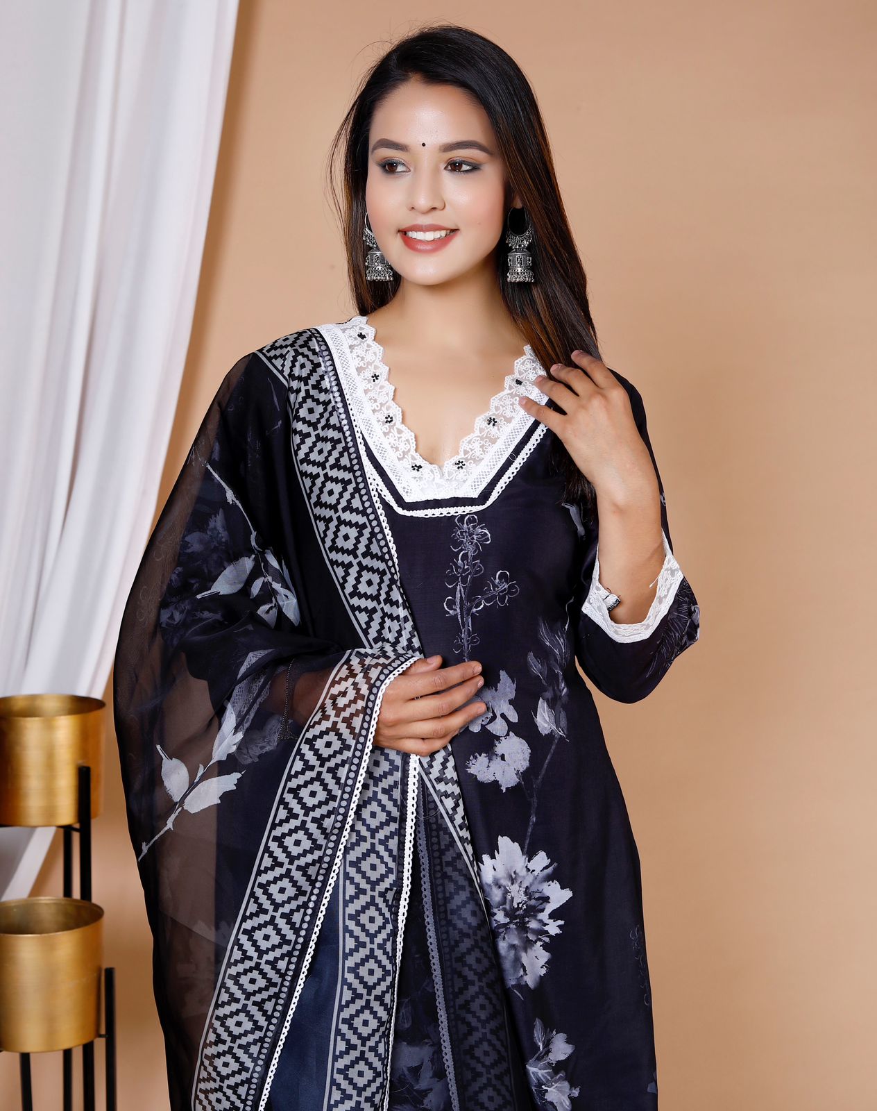 BLACK COTTON MUSLIN LACE WORK  KURTI WITH ORGANZA DUPTTA