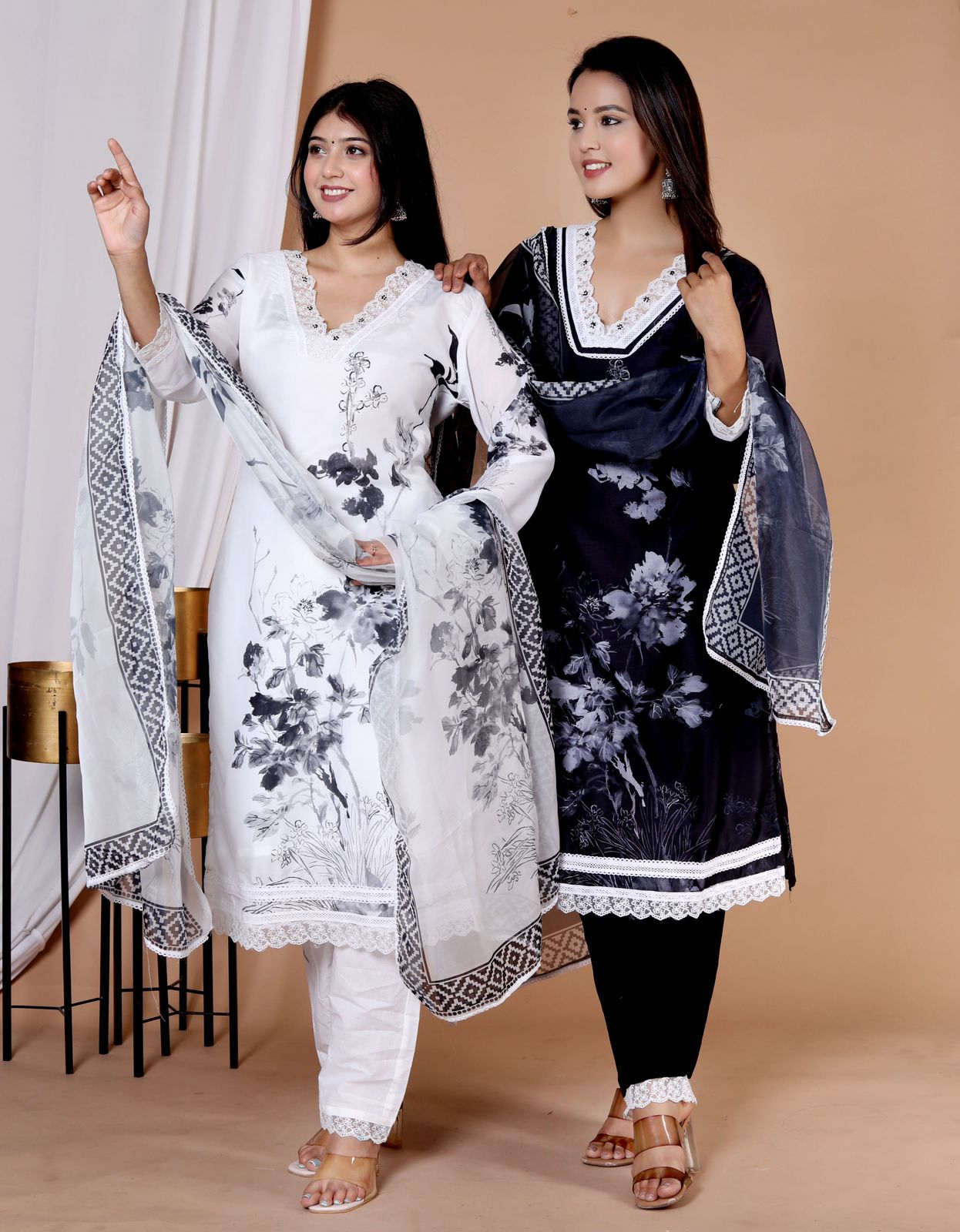 BLACK COTTON MUSLIN LACE WORK  KURTI WITH ORGANZA DUPTTA