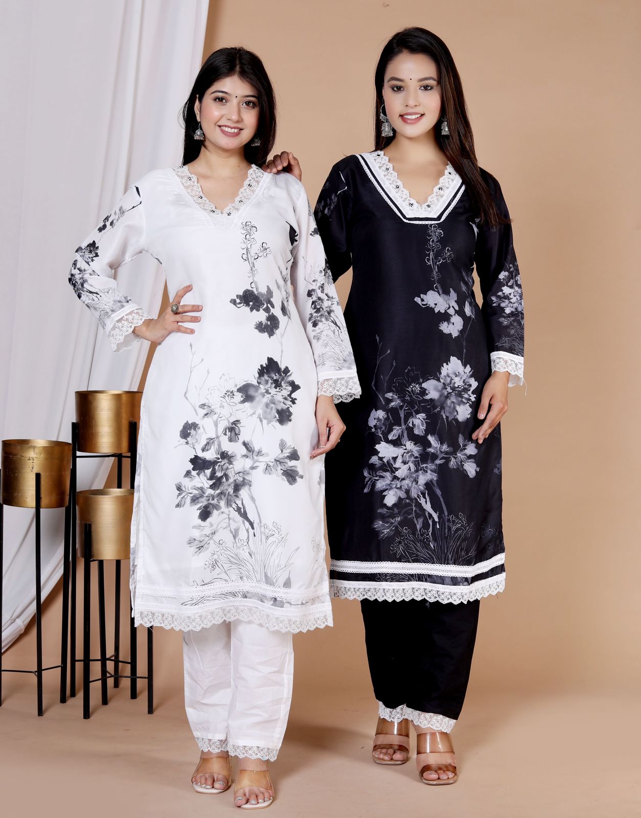 BLACK COTTON MUSLIN LACE WORK  KURTI WITH ORGANZA DUPTTA