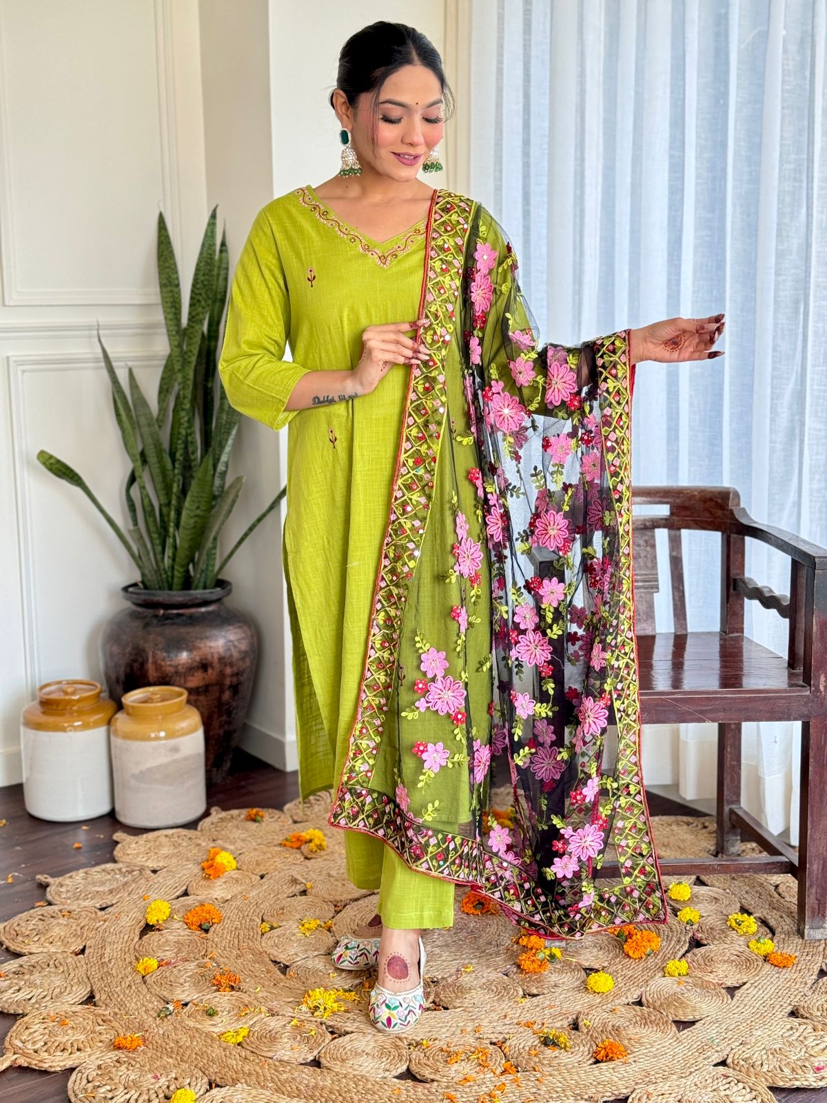 Heavy cotton Party Wear Green Suit