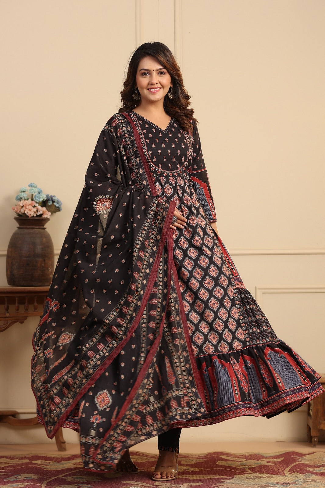 Black Printed Pure Cotton Ajraka Print 3 Pc Suit