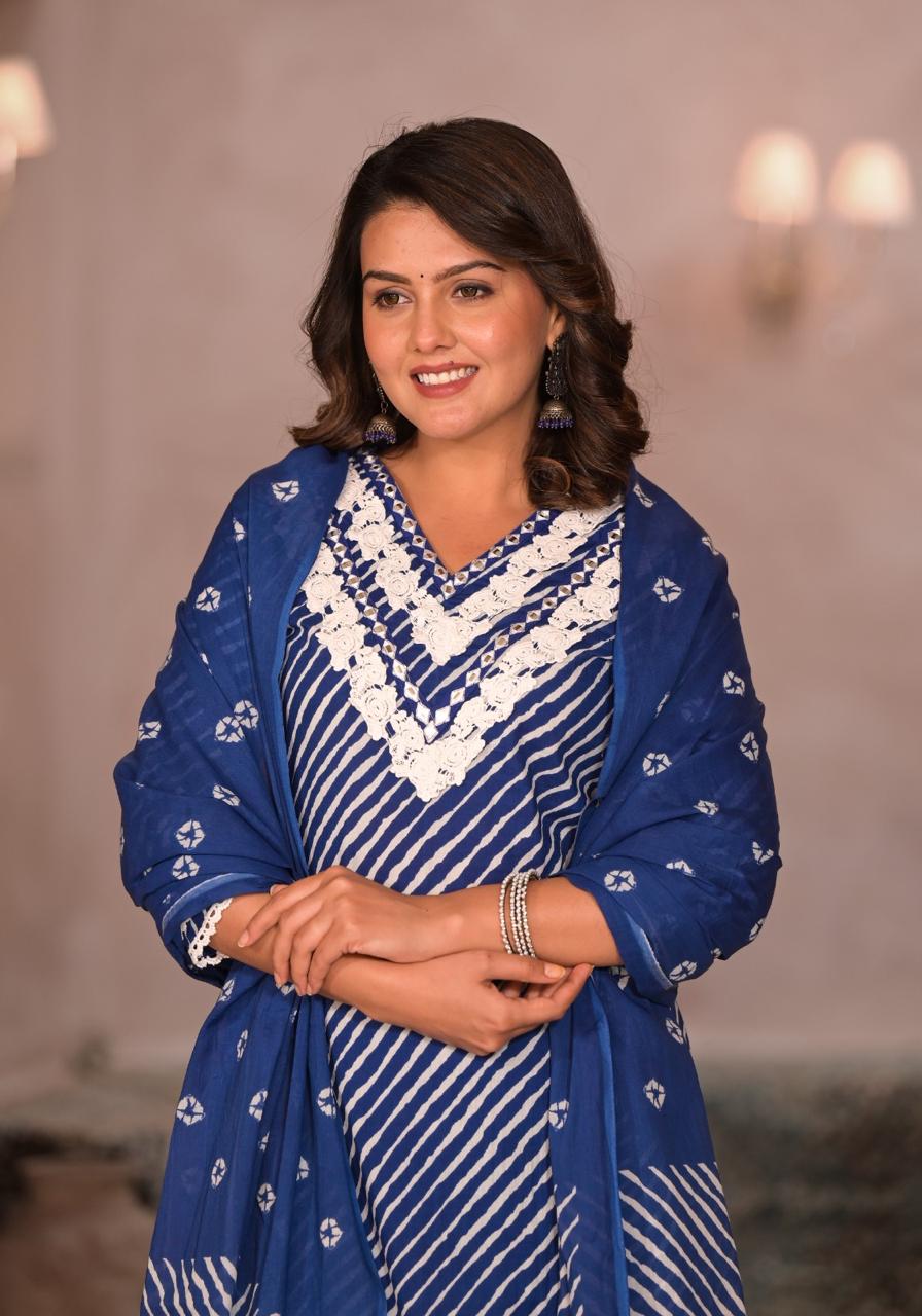 Blue Cotton Leheriya Suit Set With Thread Workkurta Sets