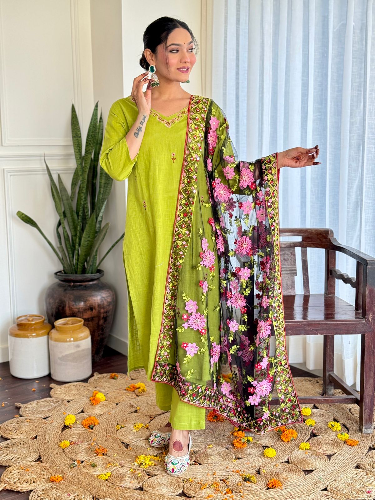 Heavy cotton Party Wear Green Suit