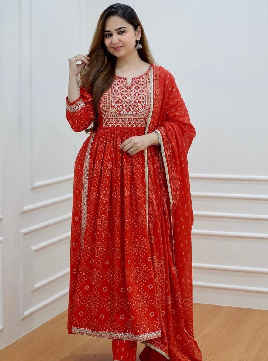 Embroidered Bandhni Kurta Set with Printed Dupatta