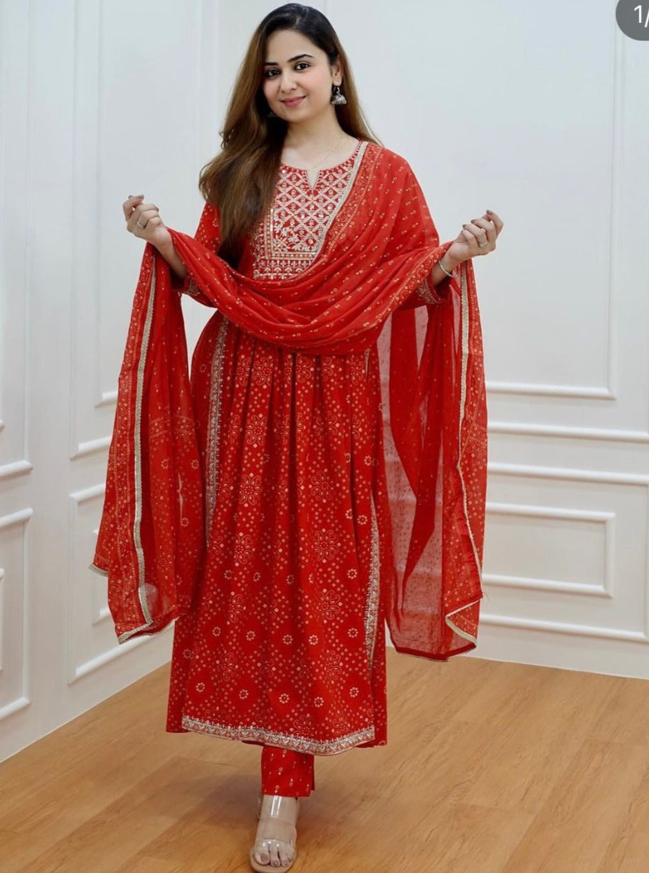 Embroidered Bandhni Kurta Set with Printed Dupatta