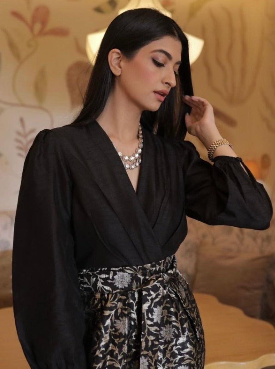 RAW SILK BLACK FORMAL WEAR SHIRT WITH BROCADE HIGH WAIST PANTS