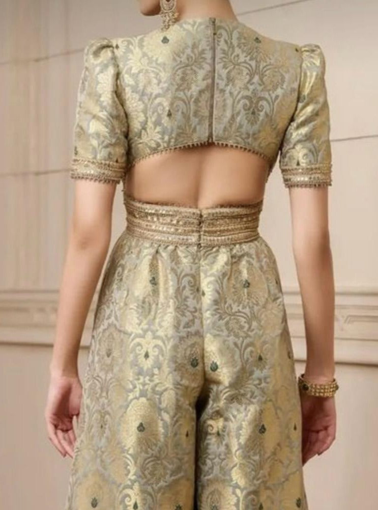 Handwoven Banarasi brocade suit widelegged party wear jumpsuit in pista golden colour, free shipping worldwide