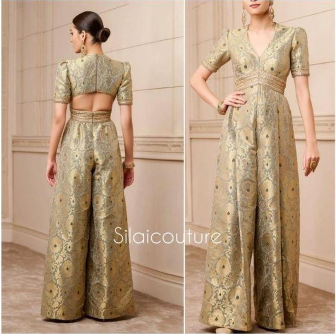 Handwoven Banarasi brocade suit widelegged party wear jumpsuit in pista golden colour, free shipping worldwide