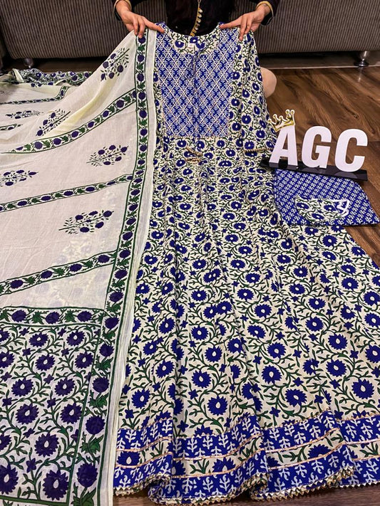 Cotton Block Print Anarkali Kurta - Blue & Green Mix