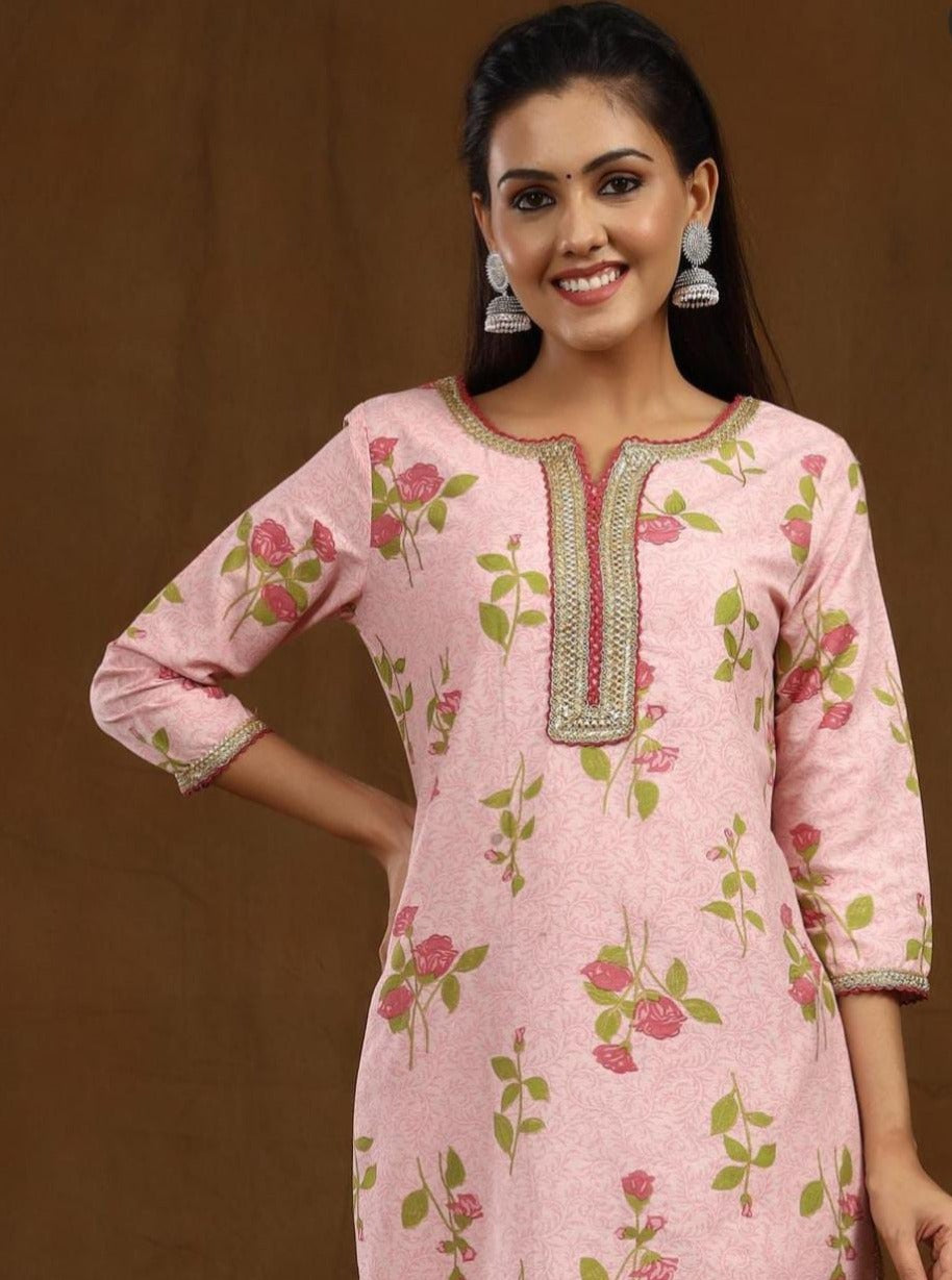 Batik Print Kurti Set with Gota Lace Detail & Chiffon Dupatta