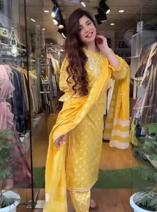 Embroidered Yellow Cotton Kurti Set with Gulnaar Pant & Mulmul Dupatta