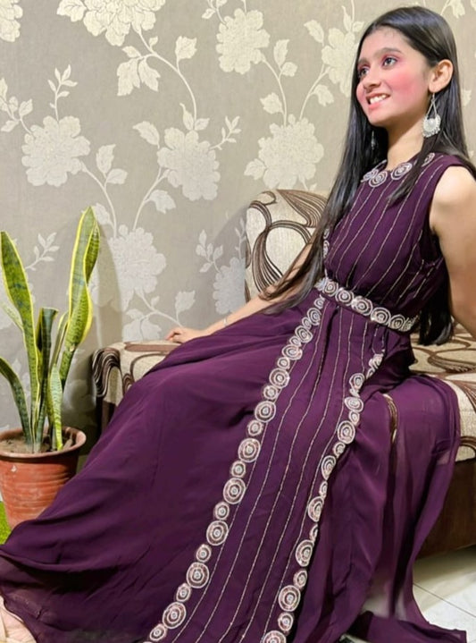 Sequinned Georgette Designer Gown - Wine