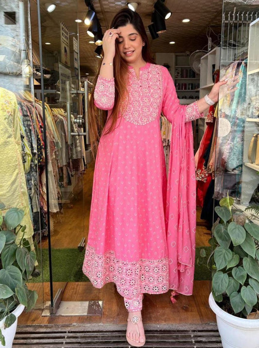 Pink Cotton Anarkali Set with Mirror Yoke & Bandhej Dupatta