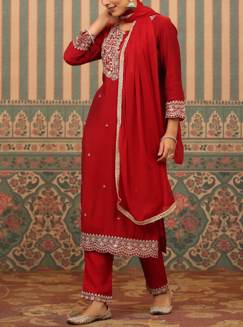 Golden Zari Muslin Suit with Cutwork Border & Chiffon Dupatta