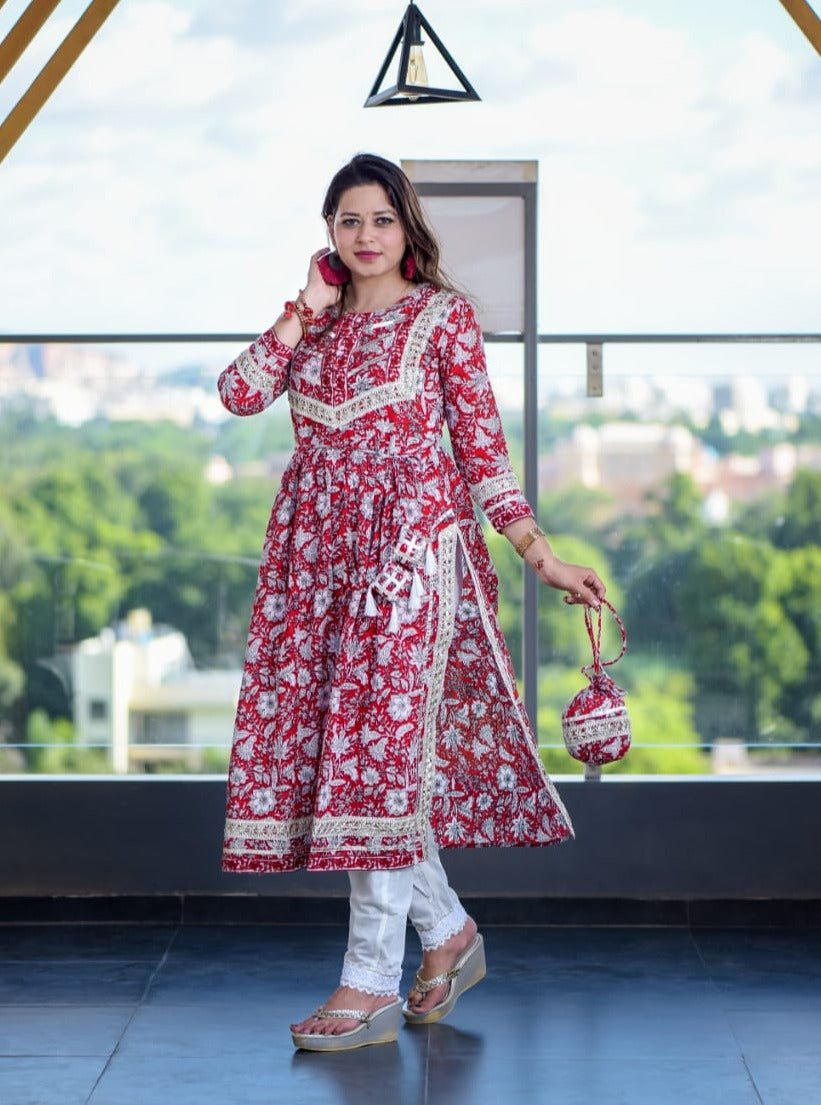 Floral Cotton Kurtis with Gota Lace Detail & Chiffon Dupatta