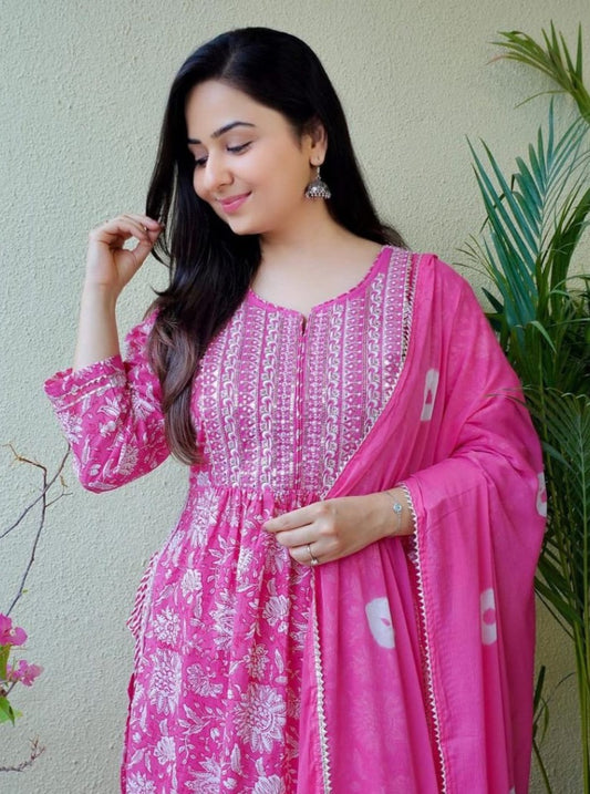 Pink Handblock Kurta Set