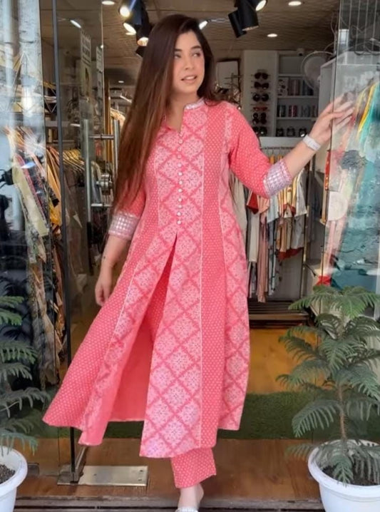 Printed Palazo Set with Pink Front Slit Kurta