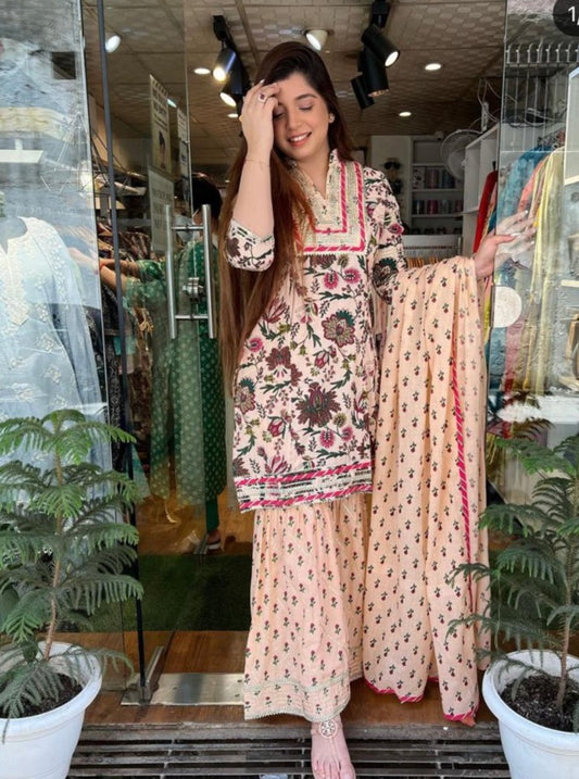 Block Print Cotton Kurta & Sharara Set in Cream & Pink