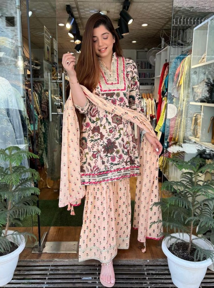 Block Print Cotton Kurta & Sharara Set in Cream & Pink