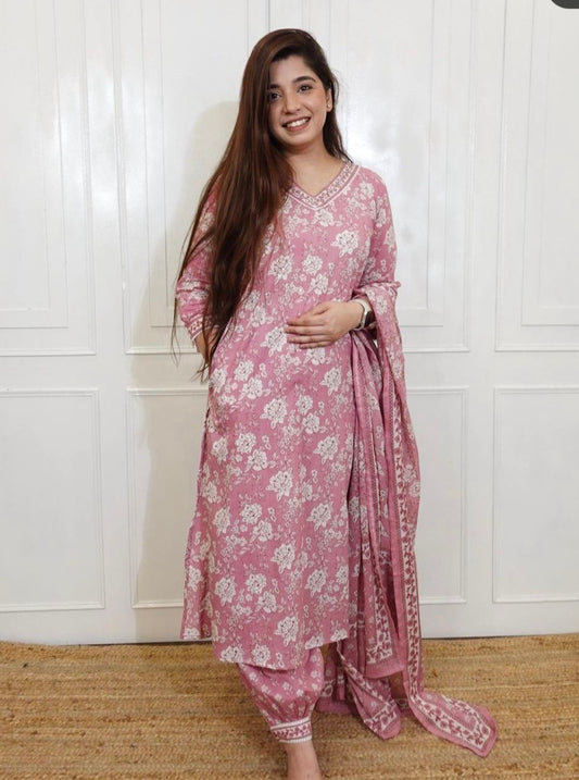 Floral Cotton Kurta Set with Matching Pants & Dupatta