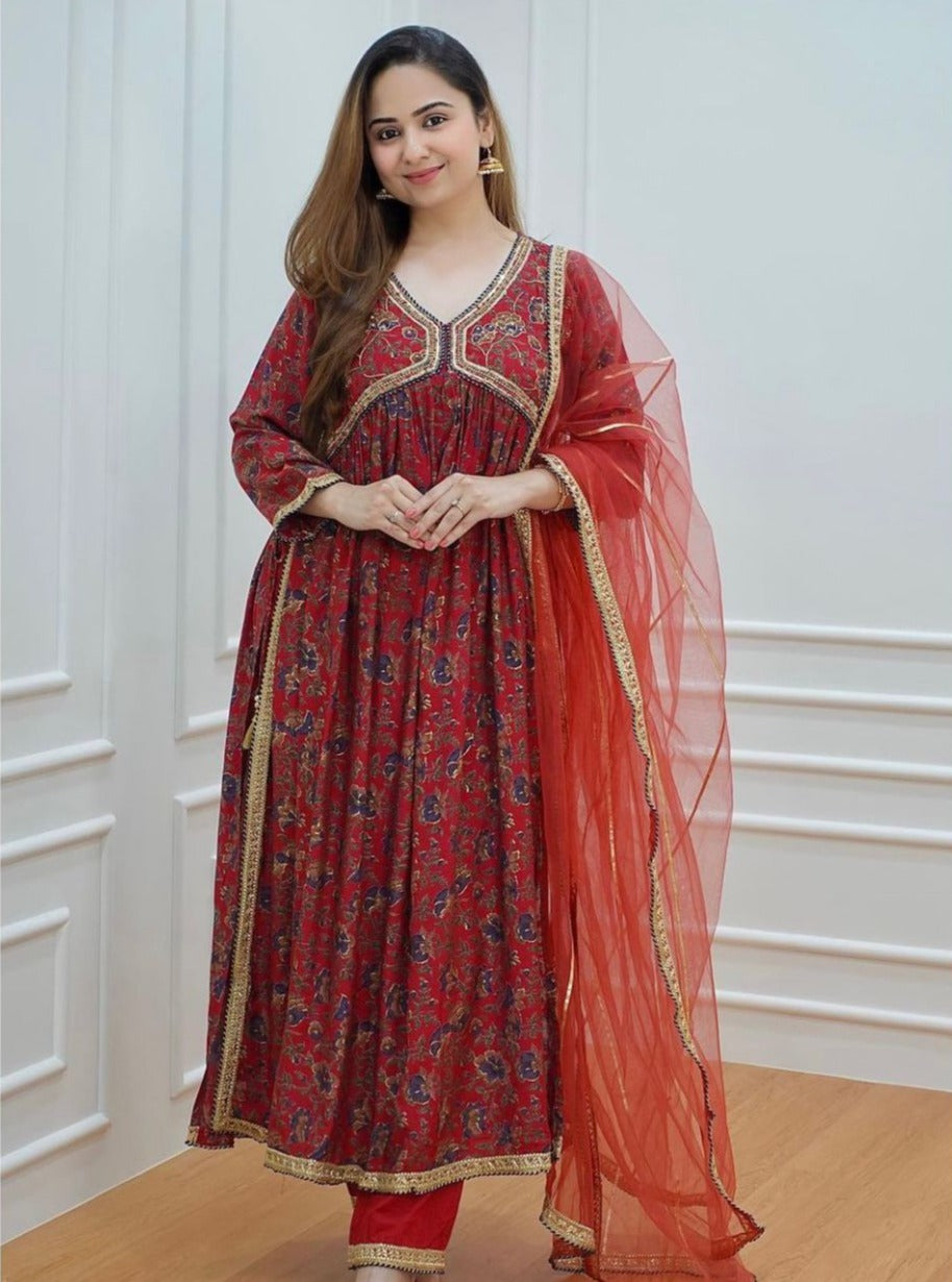 Red Muslin Kurti Set with Elegant Embroidery