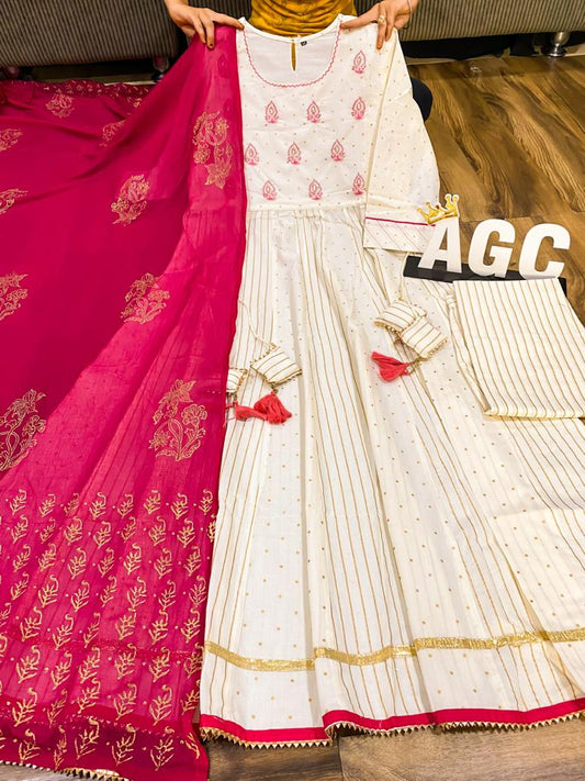 Golden Zari Anarkali Kurti Set with Stripe Pant & Chiffon Dupatta