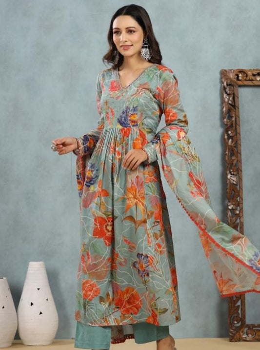 Embroidered Cotton Ladies Lurex 3 Piece Suit, Anarkali at Rs 995 in Jaipur