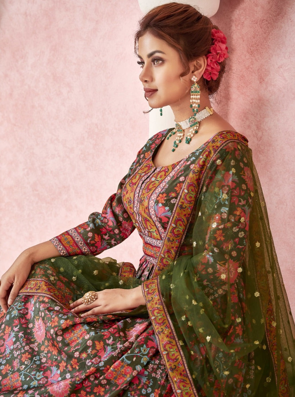 Royal Print Floor Length Gown with Soft Net Dupatta