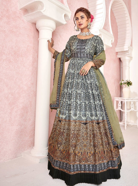 Royal Print Floor Length Gown with Soft Net Dupatta