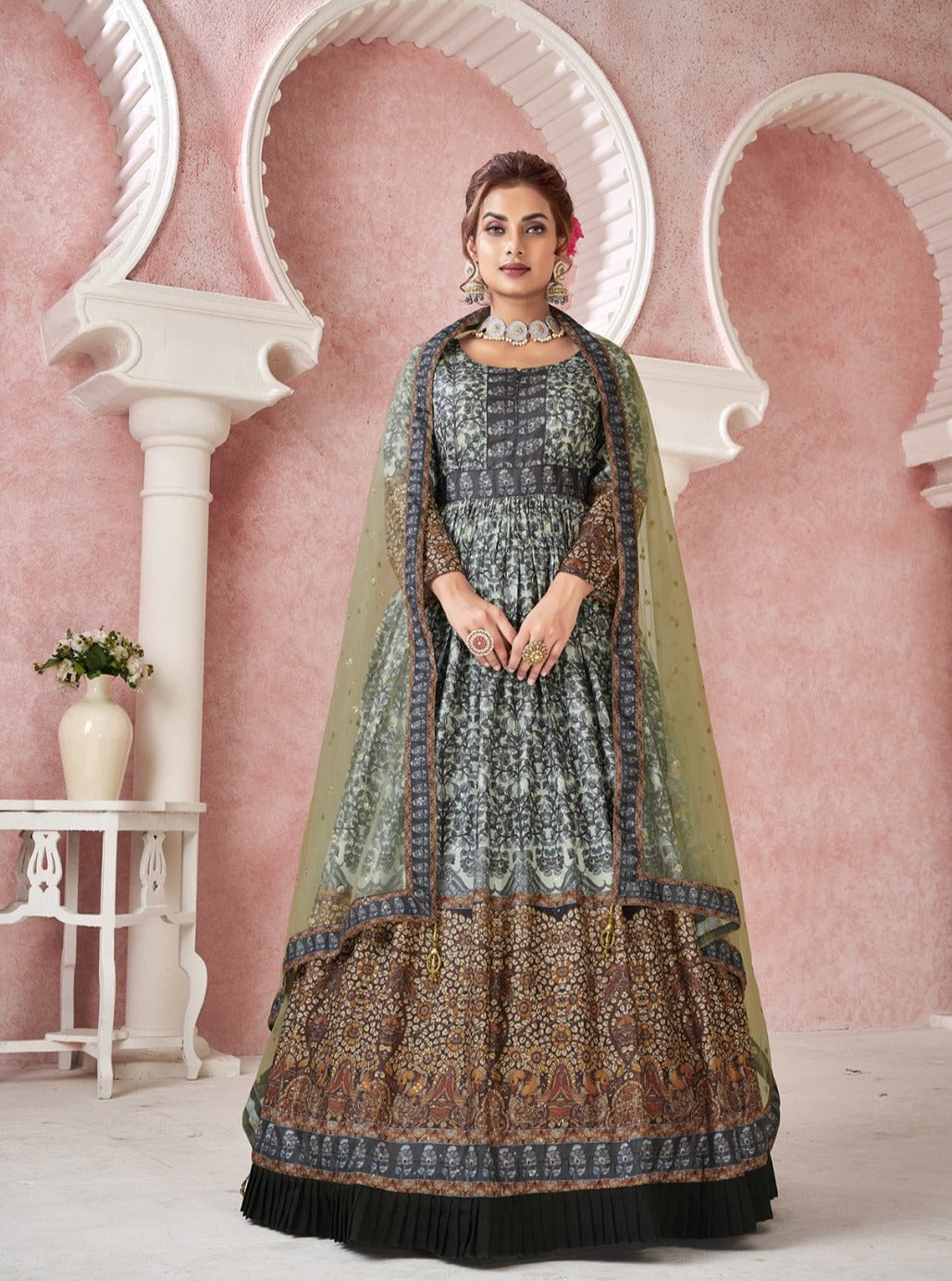 Royal Print Floor Length Gown with Soft Net Dupatta