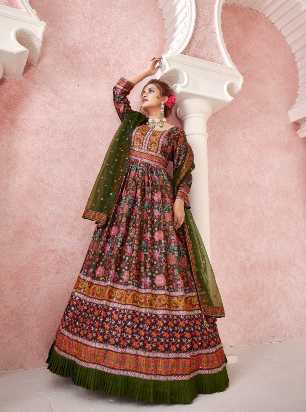 Royal Print Floor Length Gown with Soft Net Dupatta