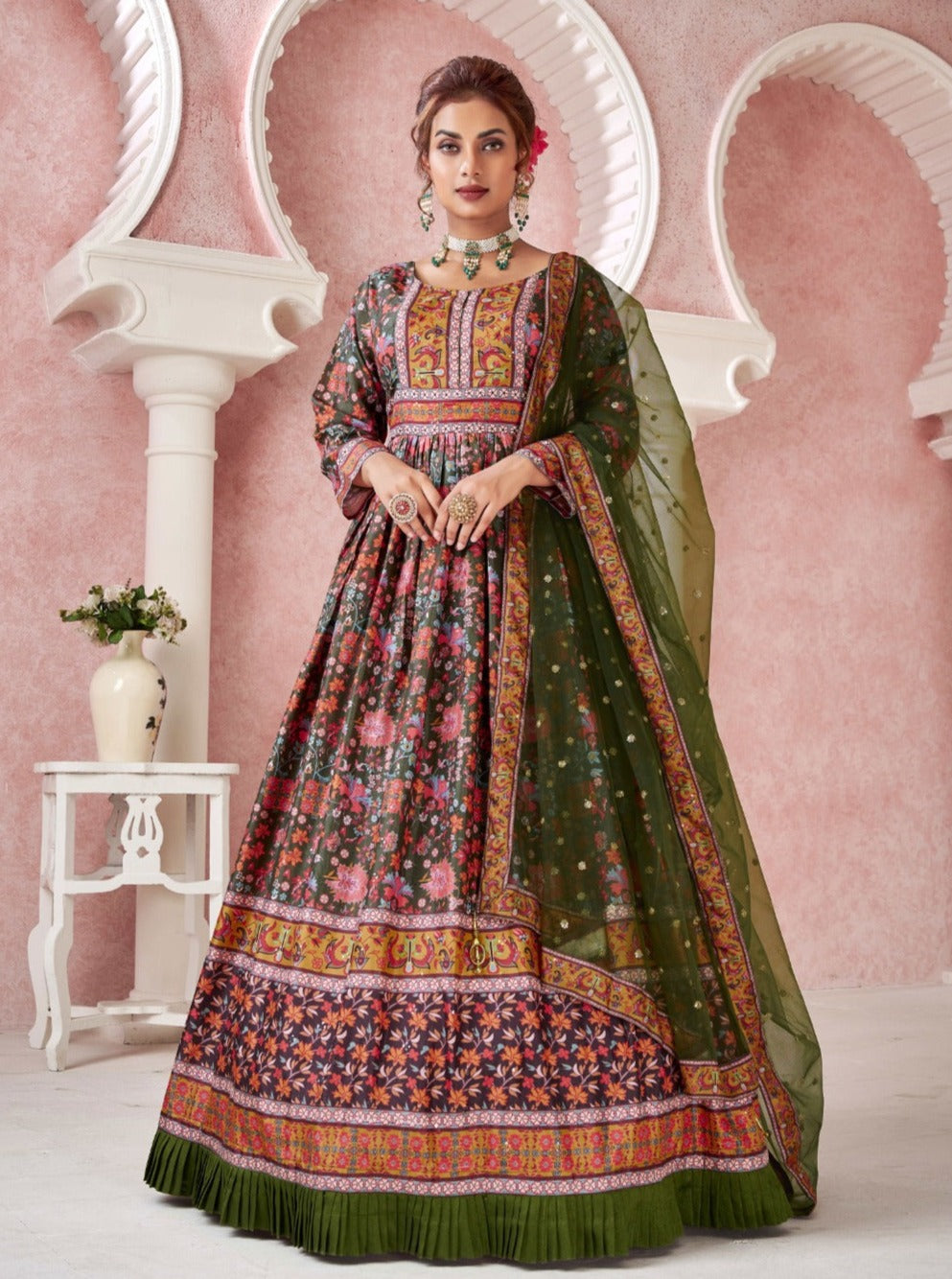 Royal Print Floor Length Gown with Soft Net Dupatta