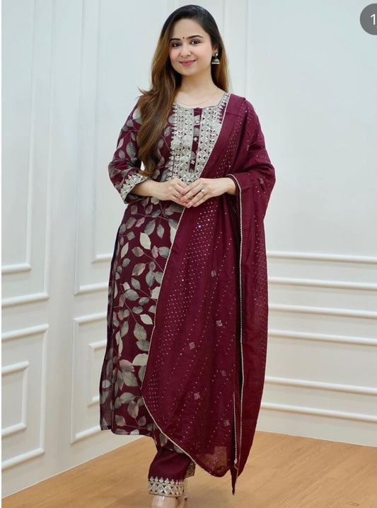 Embroidered Wine Kurti Set with Sequined Dupatta