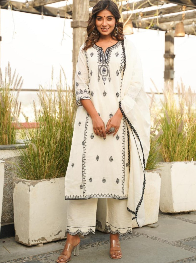 Embroidered Linen Cotton Kurta Set