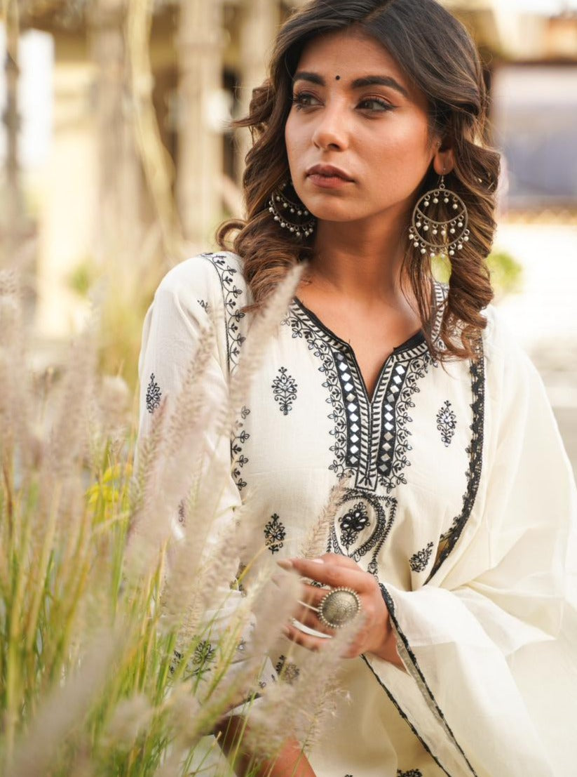 Shop White Kurta Palazzo Set | Kashmiri Hand Embroidered