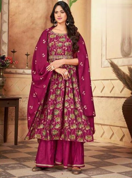 Maroon Anarkali kurta with full handwork belt